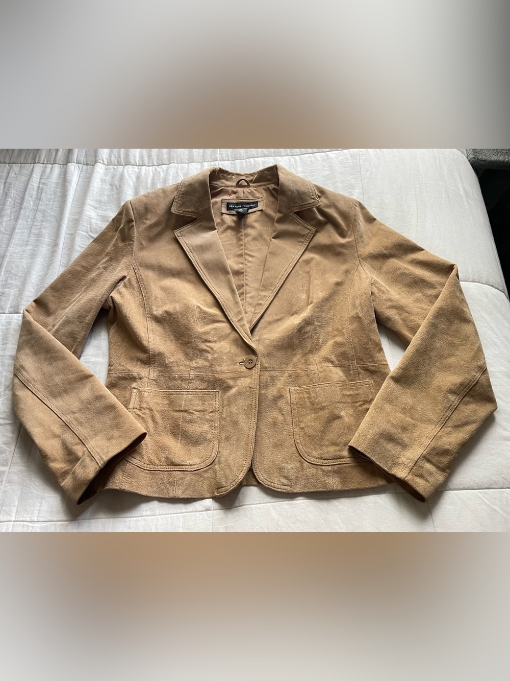Vintage Women’s Tan Suede Leather Blazer Top 14 Chic 90s Y2K Classic Preppy Work